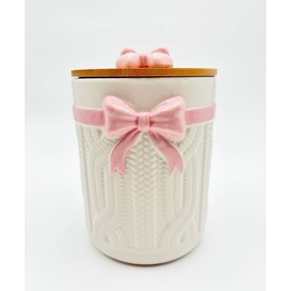 Seasons Greetings Pink Bow White Cable Knit Ceramic Canister Bamboo Lid Coquette